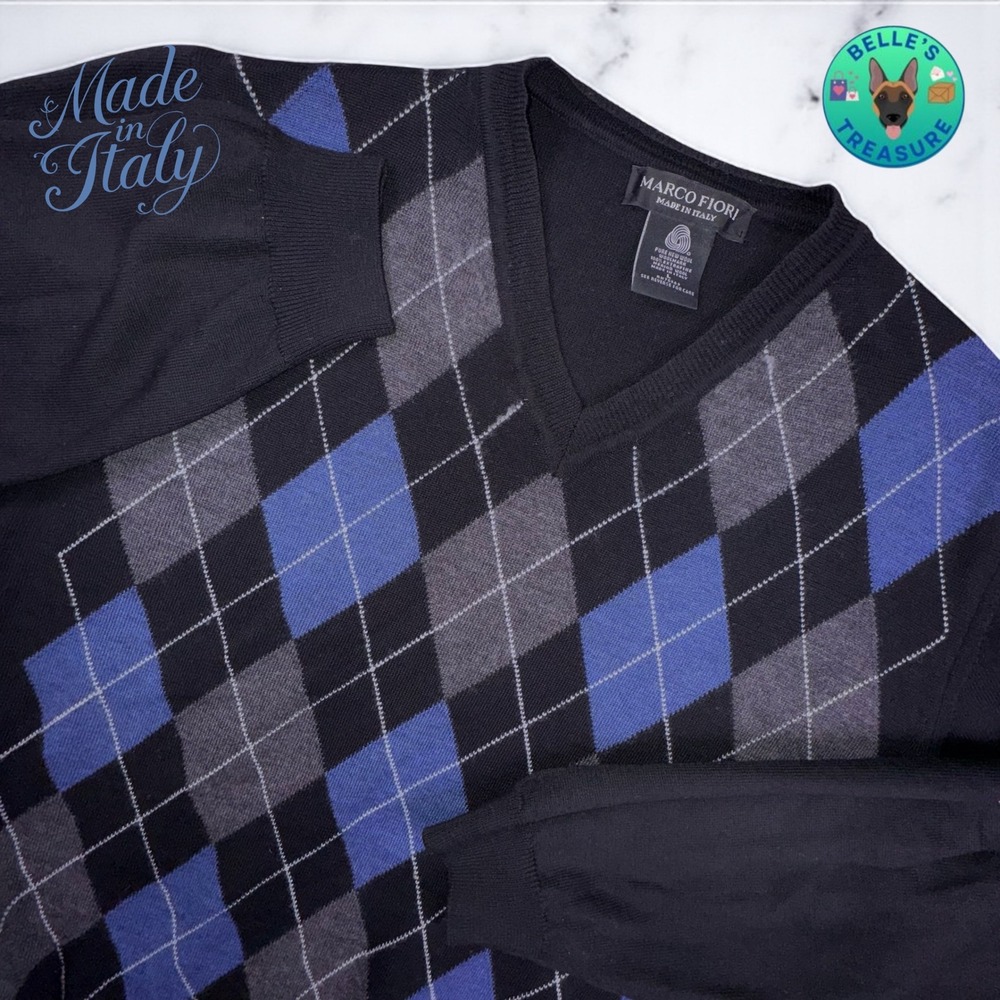 Marco Fiori Argyle V Neck Sweater Mens Large Merino Wool Blue Black Made‎ Italy